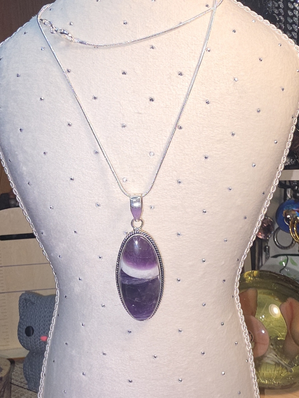 Handcrafted Purple Amethyst Oval Pendant Necklace on Silver Plated Chain